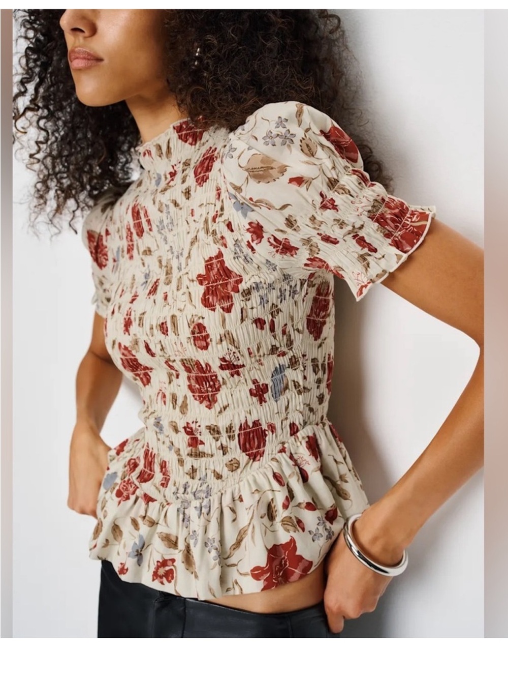 Reformation Floral Smocked Peplum Top with Red Blooms NWT Medium